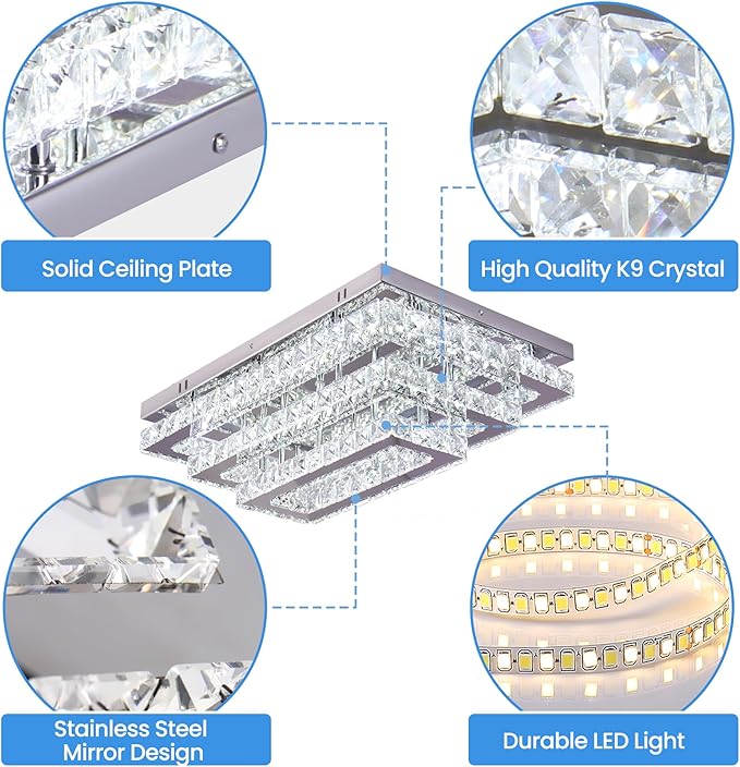 Finktonglan Modern Crystal LED Ceiling Light Fixture 20” Rectangular Flush Mount Chandelier Ceiling Lights 3-Tiers Stainless Steel Ceiling Lamp Fixtures for Living Room Dining Room(6500K Cool White)