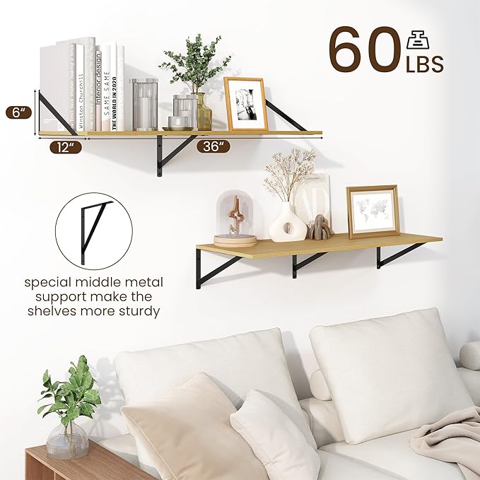 Fun Memories Floating Shelves for Wall, 12 Inch Deep Floating Shelves Set of 2, 36W x 12D Large Wall Shelf with Sturdy Metal Brackets for Living Room, Bathroom, Bedroom and Kitchen, Oak