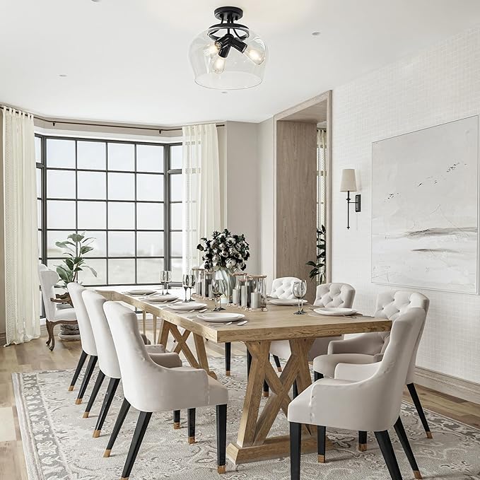 VONLUCE Semi Flush Mount Ceiling Light, 13.8" Ceiling Light Fixture with Clear Glass Shade, E26 Base, 3-Bulb Industrial Lighting Fixture for Dining Room Hallway Entryway Bedroom, Matte Black