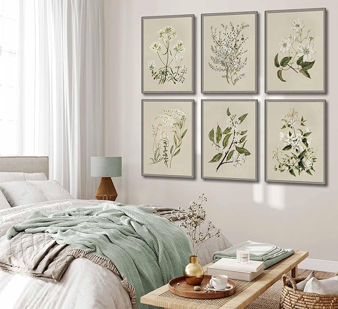 6 PCS Neutral Floral Canvas Wall Art Vintage Rustic Farmhouse Flower Botanical Painting Picture Wall Decor Poster Print Artwork for Living Room Bedroom Home Decoration Unframed