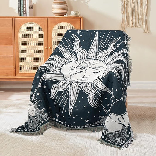 Boho Throw Blanket Reversible Cotton Bohemian Tapestry Hippie Room Decor Outdoor Blanket Double Sided (Navy Sun Moon 50"x60")