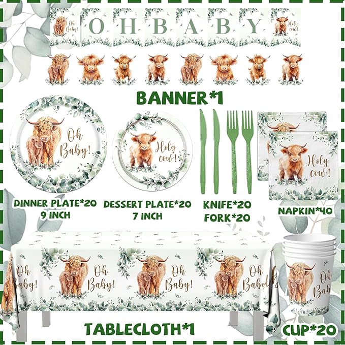 Highland Cow Birthday Decorations - 142Pcs Highland Cow Tableware Cow Plates and Napkins Western Theme Party Decorations for Birthday Baby Shower,Highland Cow Party Favors