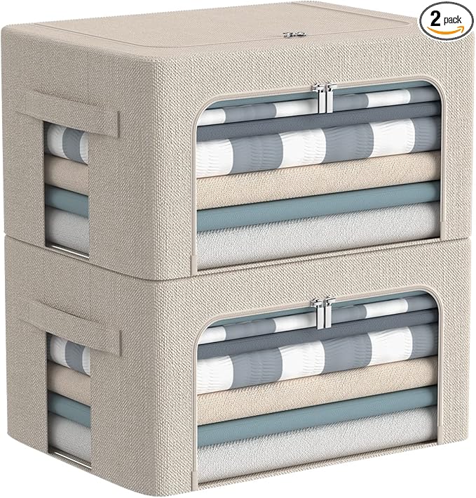 Clothes Storage Bins Box - Linen Fabric Foldable Stackable Container Organizer Set with Clear Window & Carry Handles & Metal Frame - 2Pack Large Capacity for Bedding, Blankets, Books