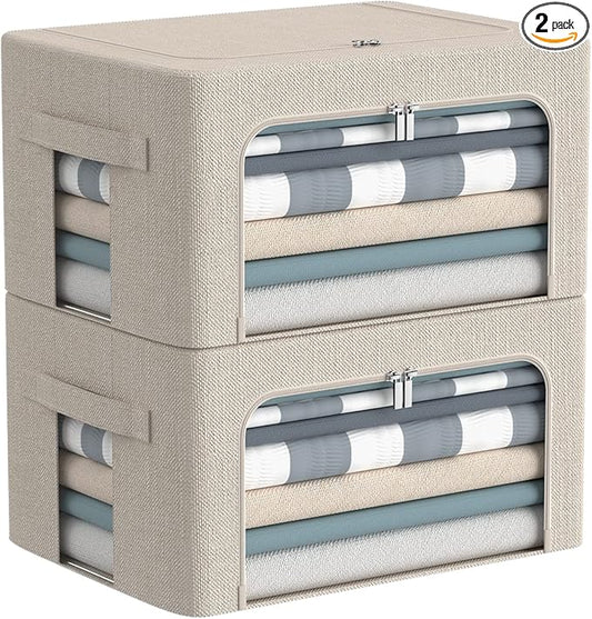 Clothes Storage Bins Box - Linen Fabric Foldable Stackable Container Organizer Set with Clear Window & Carry Handles & Metal Frame - 2Pack Large Capacity for Bedding, Blankets, Books