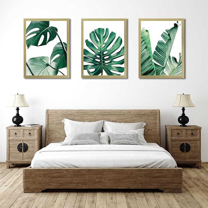 COSCTOR Set of 3 Botanical Wall Art Bathroom Wall Decor Green Plant Picture Monstera Frame Tropical Posters Prints for Home Living Room Bedroom Restroom Decoration(Framed,12x16)