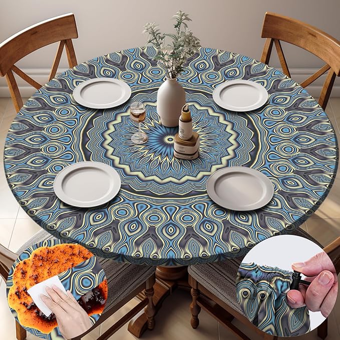 Drawstring Fitted Round Tablecloth for 45-54" Tables Outside Rustic Polyester Weather Proof Table Clothes Aesthetic Western Home Decoration Car Traveling Necessities Birthday Parties Finds