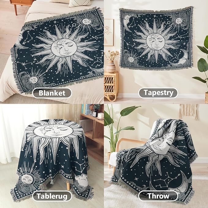 Boho Throw Blanket Reversible Cotton Bohemian Tapestry Hippie Room Decor Outdoor Blanket Double Sided (Navy Sun Moon 50"x60")