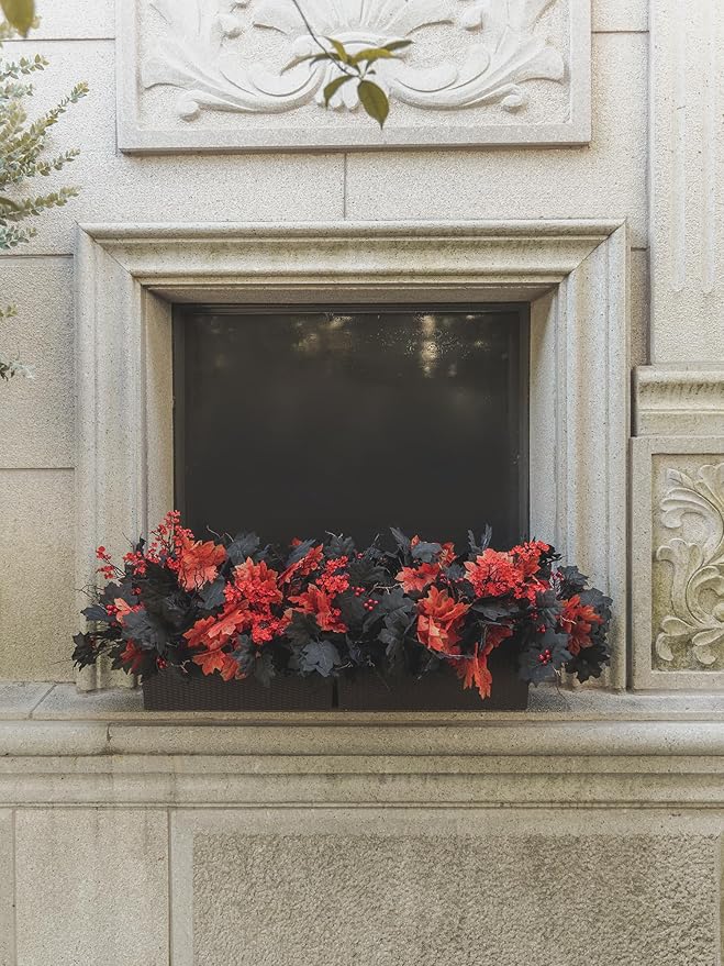 16pcs Fake Plants Outdoor, Halloween Maple Leaves Branch, Autumn Artificial Plants with Black Maple Leaves, Faux Leaves Spray for Halloween Thanksgiving Home Deocr