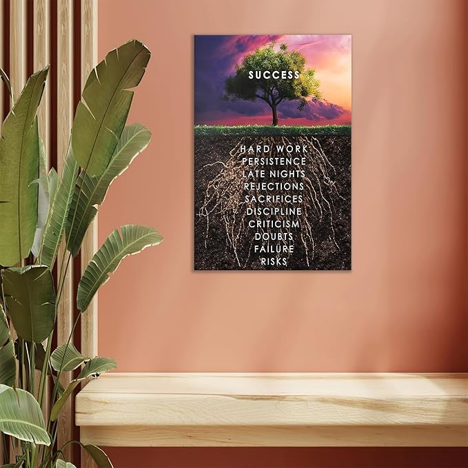 Success Tree Wall Art HD Printed Pictures Canvas Inspirational Motivation Entrepreneur Quotes Pictures Posters Home Decor Nordic Painting Frame for Living Room Ready to Hang [18''W x 12''H]