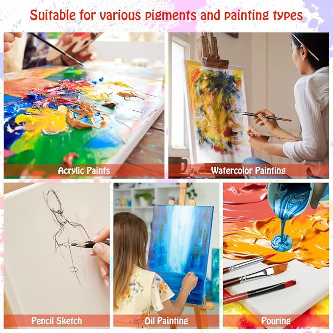 Stretched Canvas - 4x4, 5x7, 8x10, 9x12, 11x14 and Round Canvas 8x8, 10x10 (2 of Each) Total 14 Canvas Pack - 100% Cotton Blank Canvases for Oils Acrylics and Pouring