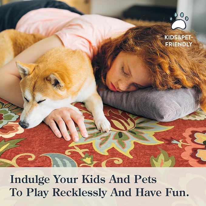 Lahome Floral Machine Washable Fall Rug - 3x5 Area Rug Non-Slip ‎Stain Resistant Kitchen Rugs Soft Throw Low-Pile Rug for Bedroom, Accent Paisley Print Floor Carpet for Living Room Entryway Office