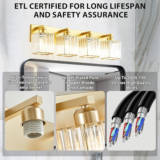 Bathroom Vanity Light Fixtures Over Mirror - Makeup Lighting Pure Gold - for Modern Wall, Bath, Desk, Farmhouse, Hallway 4 Crystal Lights