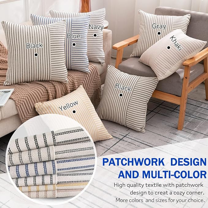 Farmhouse Pillow Covers 12x20, Modern Accent Lumbar Throw Pillow Covers Set of 2, Black and Beige Striped Patchwork Linen Decorative Pillows Cushion Covers for Couch Chair Bedroom Fall Decorations