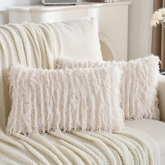 FUTEI Cream White Decorative Throw Pillow Covers 12x20 Inch Set of 2,Soft Fluffy Faux Feather Texture Lumbar Pillow Cases,Modern Home Luxury Decor for Couch Bed Living Room