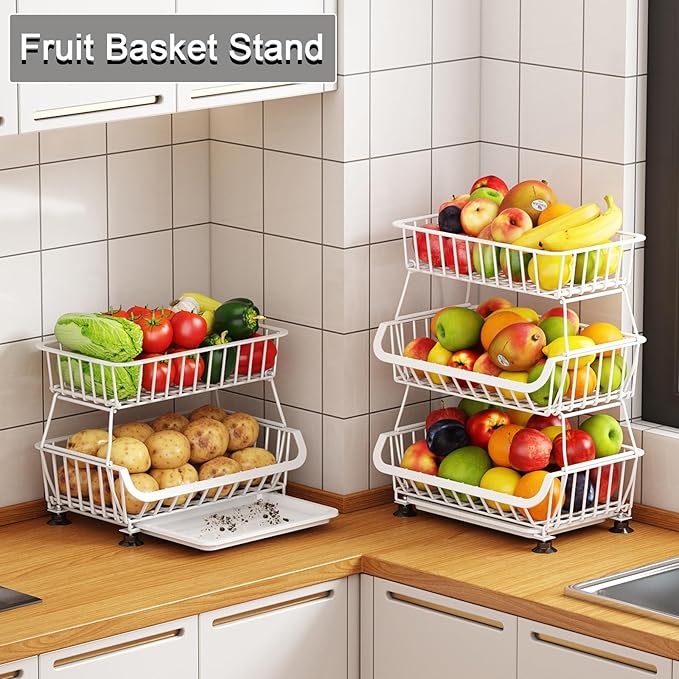 3-Tier Rolling Pantry Floor Organizer, Stackable Pantry Storage Cart with Wheels, Metal Wire Snack Baskets, Kitchen Fruit Basket Stand, Vegetable Storage Rack for Fruits Onions Potatoes Snacks, White