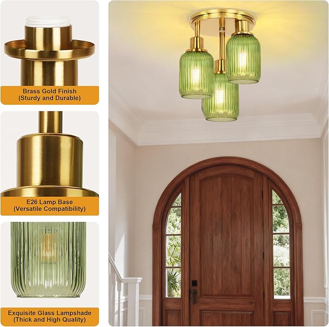 Semi Flush Mount Ceiling Light, 3-Light Close to Ceiling Light Fixtures, Brass Gold Finish Kitchen Light Fixtures with Green Glass Shade Patriot Lighting for Entryway Porch Hallway Foyer