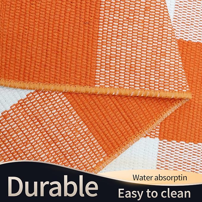 SEEKSEE Cotton Buffalo Plaid Rug 27.5"x43" Orange and White Checked Rug Washable Doormats Indoor Outdoor Rugs for Layered Front Door Mats, Porch, Kitchen, Farmhouse, Entryway