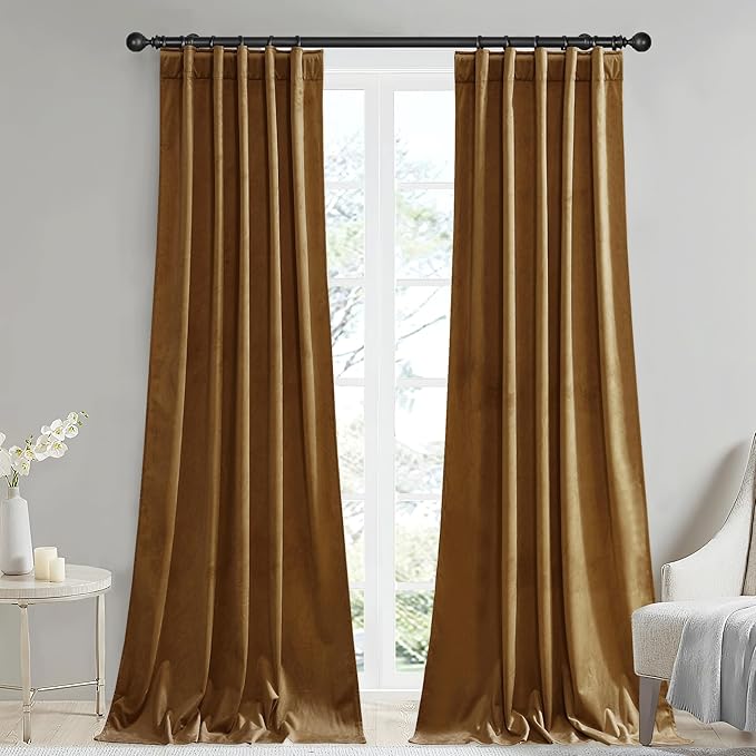 StangH Gold Brown Velvet Curtains Room Darkening Panels 84 inches Long, Super Soft Drapes Cold Resistant for Bedroom Luxury Back Tab Curtains Soundproof for Study, W42x L84, 2 Panels