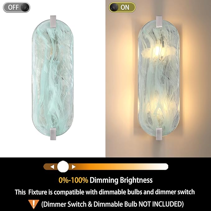 2 Light Oval Green Glass Bathroom Wall Sconce Modern Concise Style Wall Light Fixture,Brushed Nickel Finish for Bedroom Hallway Bedside