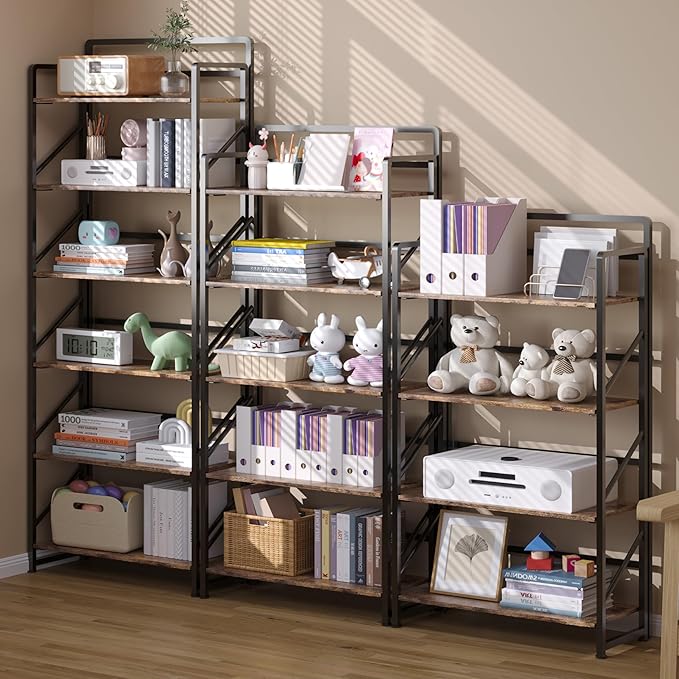 JSB Folding Bookshelf,Industrial Storage Shelves, No Assembly Vintage Wood Look Bookshelf with Storage Shelves for Living Room, Bedroom, Office (Fire Brown, 5-Tier)