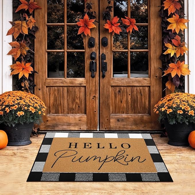 2 Pcs Fall Door Mat Hello Pumpkin Welcome Non Slip Coir Mats Thanksgiving Black White Plaid Harvest Floor Layering Doormats Seasonal for Front Porch Entryway Decor(Black White Plaid)