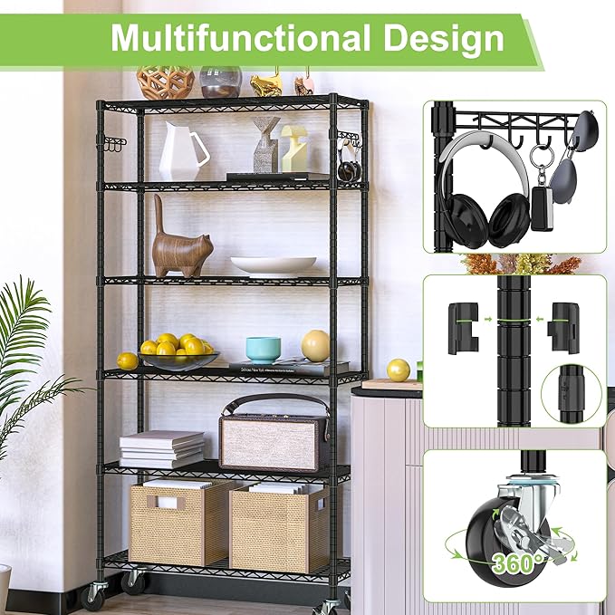 Metal Steel Shelving with Wheels Rack Unit, 6-Tier Rolling Storage Shelf Adjustable Wire Rack Organizer Utility Storage Shelving for Home Kitchen Garage Pantry(6-Tier Shelf)