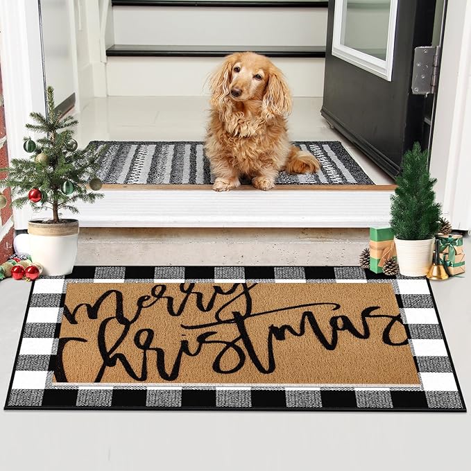 2 Pcs Merry Christmas Door Mat Xmas Welcome Non Slip Coir Mats Black White Buffalo Plaid Floor Layering Doormats Seasonal for Front Porch Entryway Decor(Merry Christmas)