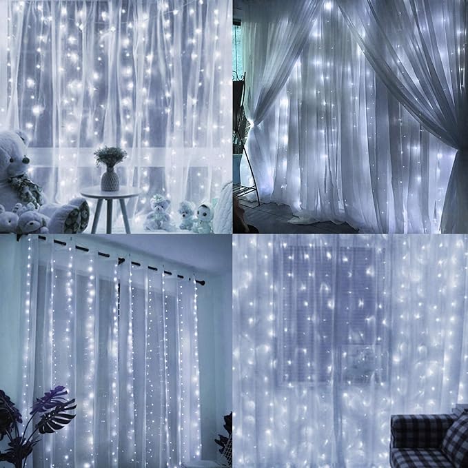 HOME LIGHTING Window Curtain String Lights, 300 LED 8 Lighting Modes Fairy Copper Light with Remote, USB Powered Waterproof for Christmas Bedroom Party Wedding Home Garden Wall Decorations, Cool White