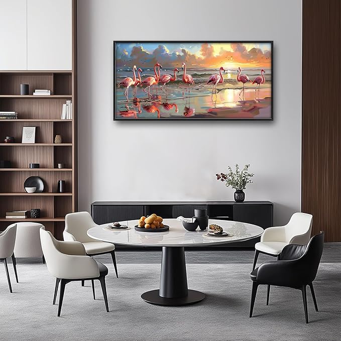 Flamingo Large Wall Art Coastal Beach Sunrise Pictures Wall Decor Seascape Canvas Print Painting Artwork for Bathroom Living Room Bedroom 60L"x30W"