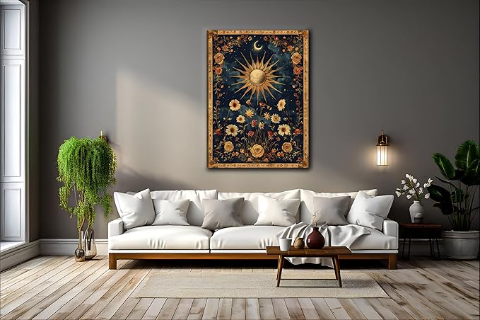 Sun and Moon Celestial Canvas Wall Art Tarot Crescent Moon Wall Decor Pictures Gothic Wildflowers Painting Posters Prints Aesthetic Dark Academia Vibe Artwork for Bedroom Home Decor Framed (12inx16in canvas)