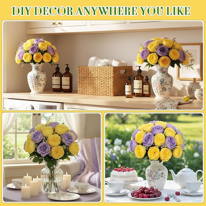 Geosar 16 Bundles Artificial Peonies Flowers Fake Silk Peony Bouquet Faux Peonies Flowers Bulk for Decoration Vase Florals Arrangements Wedding Party Table (Purple,Yellow)