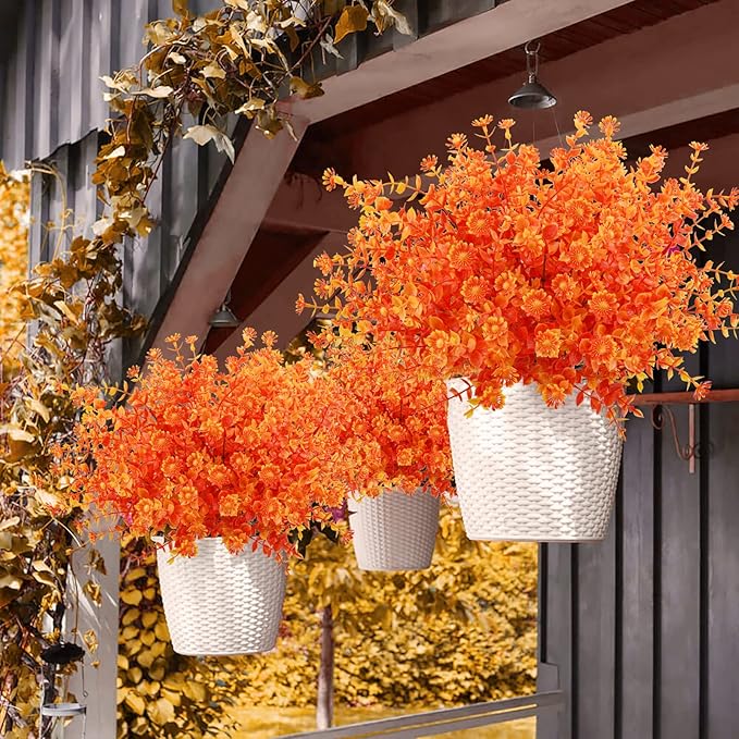 Agusbagli 10Pcs Artificial Fall Flowers Outdoor Autumn Fake Daisy Flowers UV Resistant Faux Plastic Greenery Shrub Plants for Wedding Home Garden Window Box Fireplace Thanksgiving Decor Orange