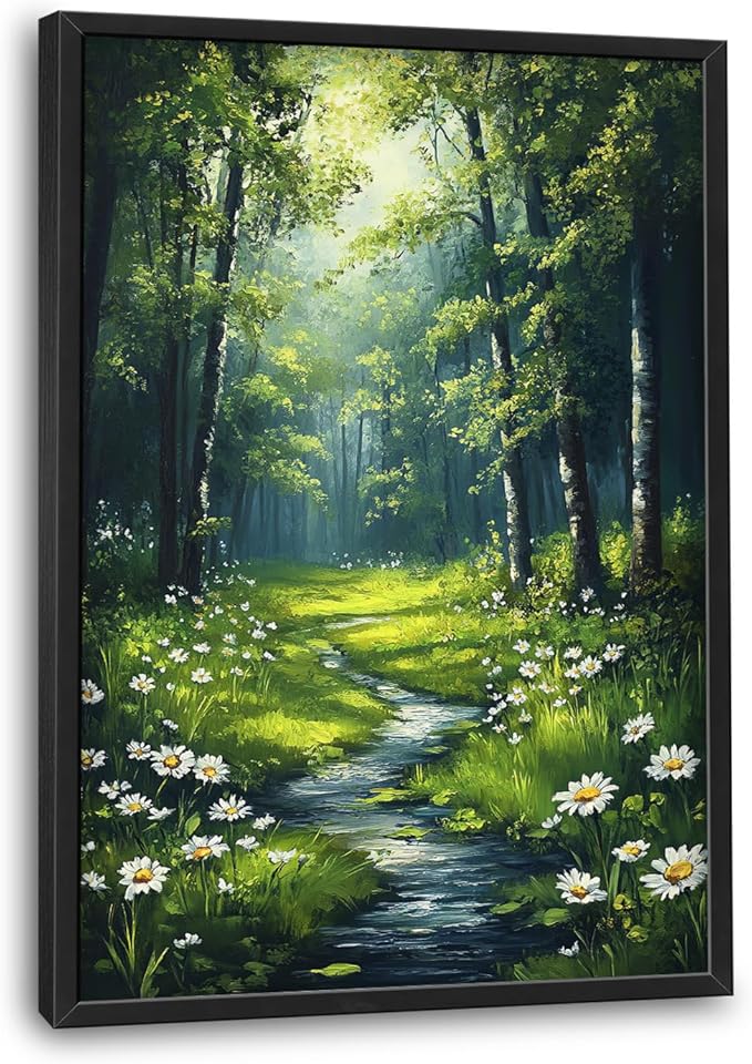 Green Forest Wall Art for Living Room, Large Tree Vertical Canvas Wall Decor, Daisy Flowers Pictures Framed Painting, Landscape Artwork for Bedroom Office Home Decor 36L'' × 24W''