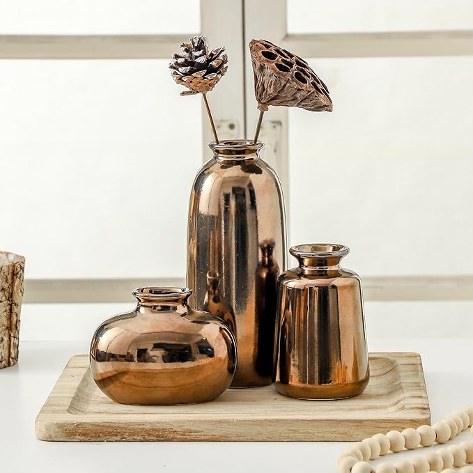 Ceramic Vase Set of 3,Brown Modern Farmhouse Pottery Vases, Neutral Rustic Vases for Pampas Grass, Dried & Fresh Flowers - Ideal for Bedroom, Living Room, Bookshelf, Mantel, Centerpiece Table Decor