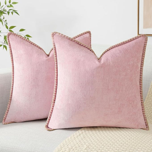 decorUhome Chenille Soft Throw Pillow Covers 20x20 Set of 2, Farmhouse Velvet Neutral Decorative Euro Pillow Covers with Stitched Edge for Couch Sofa Bed Home Decor, Blush Pink