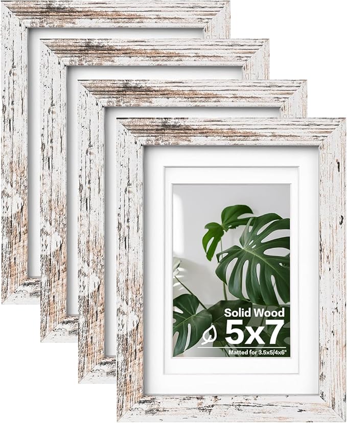 Egofine 5x7 Picture Frames Set of 4, Made of Solid Wood Covered by Plexiglass 3.5x5 and 4x6 with Mat or 5x7 without Mat, for Table Top Display and Wall Mounting Photo Frame Rustic White