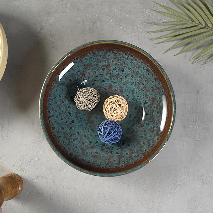 Ceramic Fruit Bowl for Kitchen Counter,Decorative Pedestal Bowl for Table Countertop,Large Footed Serving Bowl,10.2 Inch (peacock Green)