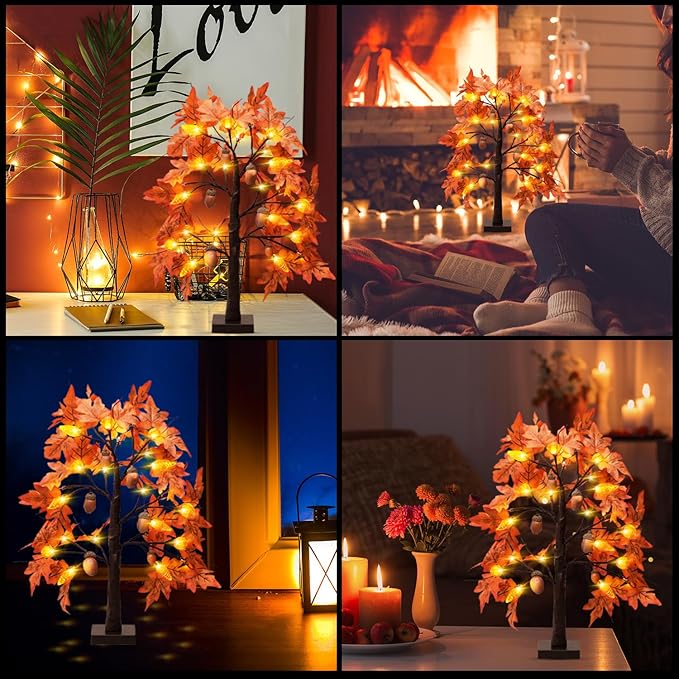 Fall Tree with Lights Thanksgiving Decorations: 2 Pack 2 FT Artificial Trees with 96 Maple Leaves 48 LED Light and Pumpkin Acorns Pinecone Battery Operated Outdoor Indoor Home Table Room Autumn Decor