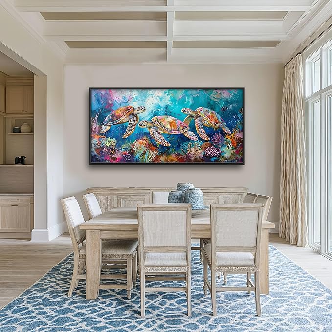 Sea Turtle Large Framed Wall Art Coastal Ocean Nautical Pictures Oversized Colorful Undersea Wall Decor Coral Reef Canvas Print Painting Aesthetic Modern Artwork for Living Room Bedroom Office Bathroom Home Decor 60L"x30W"