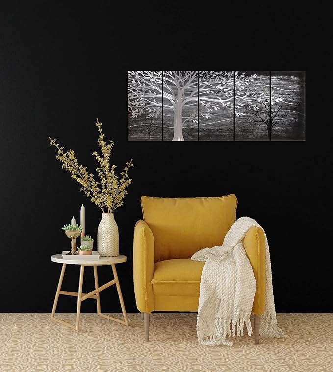 Yihui Arts Metal Tree Wall Decor Hand Grind On Aluminum Modern Abstract Nature Wall Art Contemporary Landscape Pictures for Living Room Bedroom Dinning