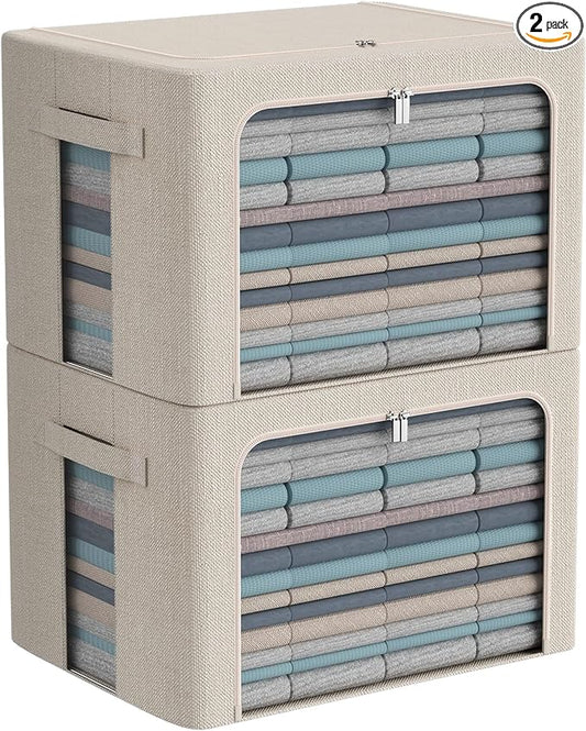 Extra Large Clothes Storage Bins - Linen Fabric Foldable Stackable Container Organizer Set with Clear Window & Carry Handles & Metal Frame - 2Pack Large Capacity for Bedding, Blankets, Books