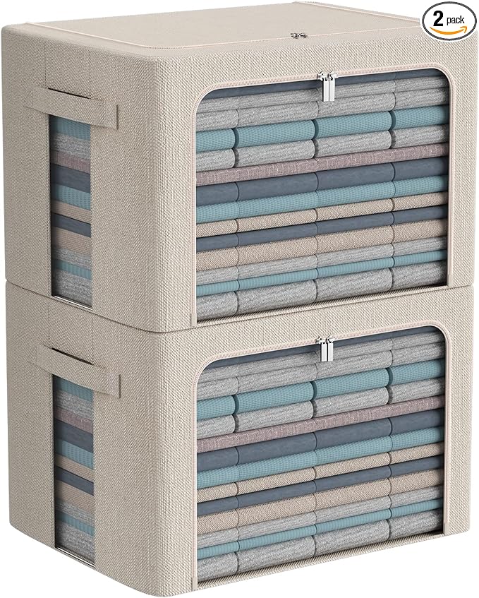 Clothes Storage Bins Box - Linen Fabric Foldable Stackable Container Organizer Set with Clear Window & Carry Handles & Metal Frame - 2Pack Large Capacity for Bedding, Blankets, Books
