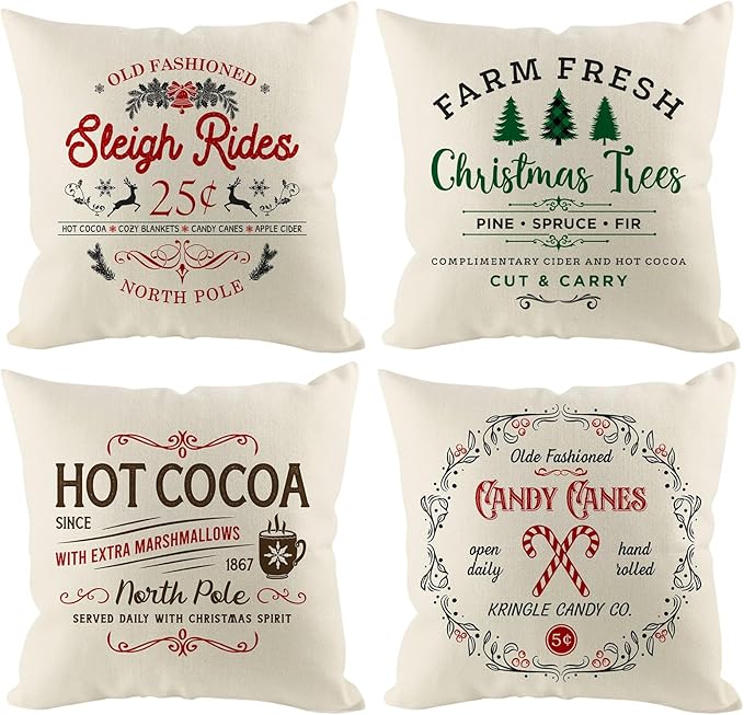 Christmas Pillow Covers 18x18 inch Set of 4, Holiday Winter Outdoor Vintage Tree Xmas White Neutral Farmhouse Seasonal Burlap Decorations for Sofa Couch