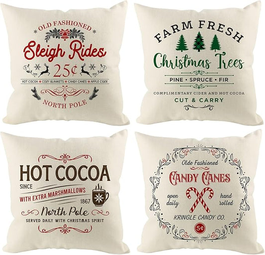 Christmas Pillow Covers 18x18 inch Set of 4, Holiday Winter Outdoor Vintage Tree Xmas White Neutral Farmhouse Seasonal Burlap Decorations for Sofa Couch