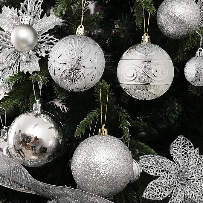Wironlst Christmas Ball Ornaments - 30pcs Shatterproof Plastic Christmas Ornaments Hanging Ball Decorations for Xmas Tree, Holiday, Wedding, Party (Multi-Size, Silver)