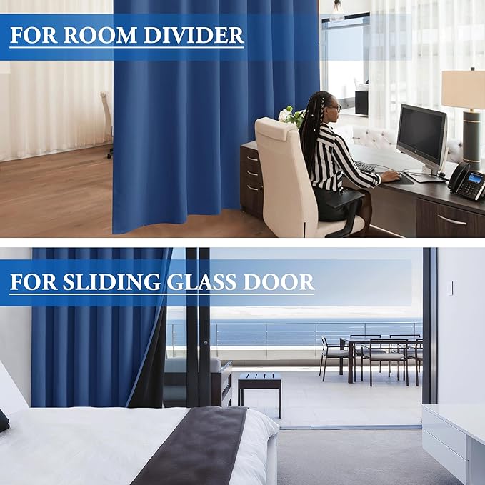 Beauoop 100% Blackout Curtains 96 Inches Long for Patio Sliding Door Blue Solid Extra Wide Room Darkening Thermal Insulated Room Divider Soundproof Grommet Window Treatment Drapes,100x96 Set of 1
