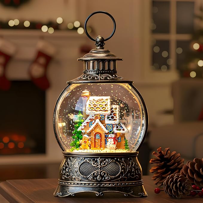Christmas Snow Globe Lighted Gingerbread House Scene, Musical Snow Water Lantern Swirling Glittering Home Decoration and Gift, Battery Operated or USB Powered
