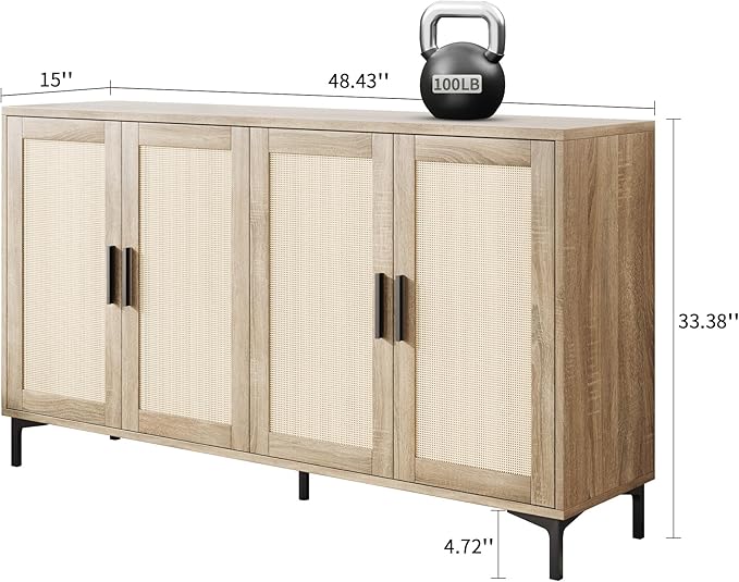 Sideboard - Kitchen Buffet Cabinet with Rattan Decorated Doors, Accent Cabinets with Doors, Coffee Bar Cabinets Rattan Sideboard Buffet Cabinet with Storage (Natural with 4 Doors)