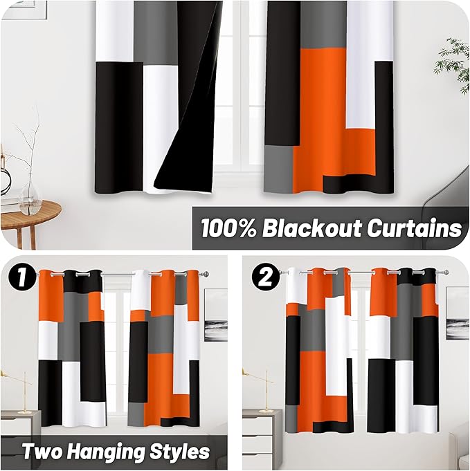 Orange 100% Blackout Curtains 45 inch Length 2 Panels Set White Grey Modern Abstract Geometric Drapes for Kitchen Black Out Curtains Insulated Room Darkening Small Window Curtains, 42Wx45L