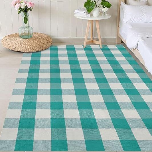 SEEKSEE Buffalo Plaid Outdoor Rug 4'x6' Light Blue and White Checkered Area Rug Washable Doormat Cotton Boho Bedroom Rug for Kitchen Entryway Hallway Front Door Farmhouse Living Room